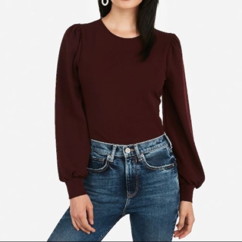 NWT Express Cabernet Puff Sleeve Blouse Crew Neck Keyhole Top Size Small